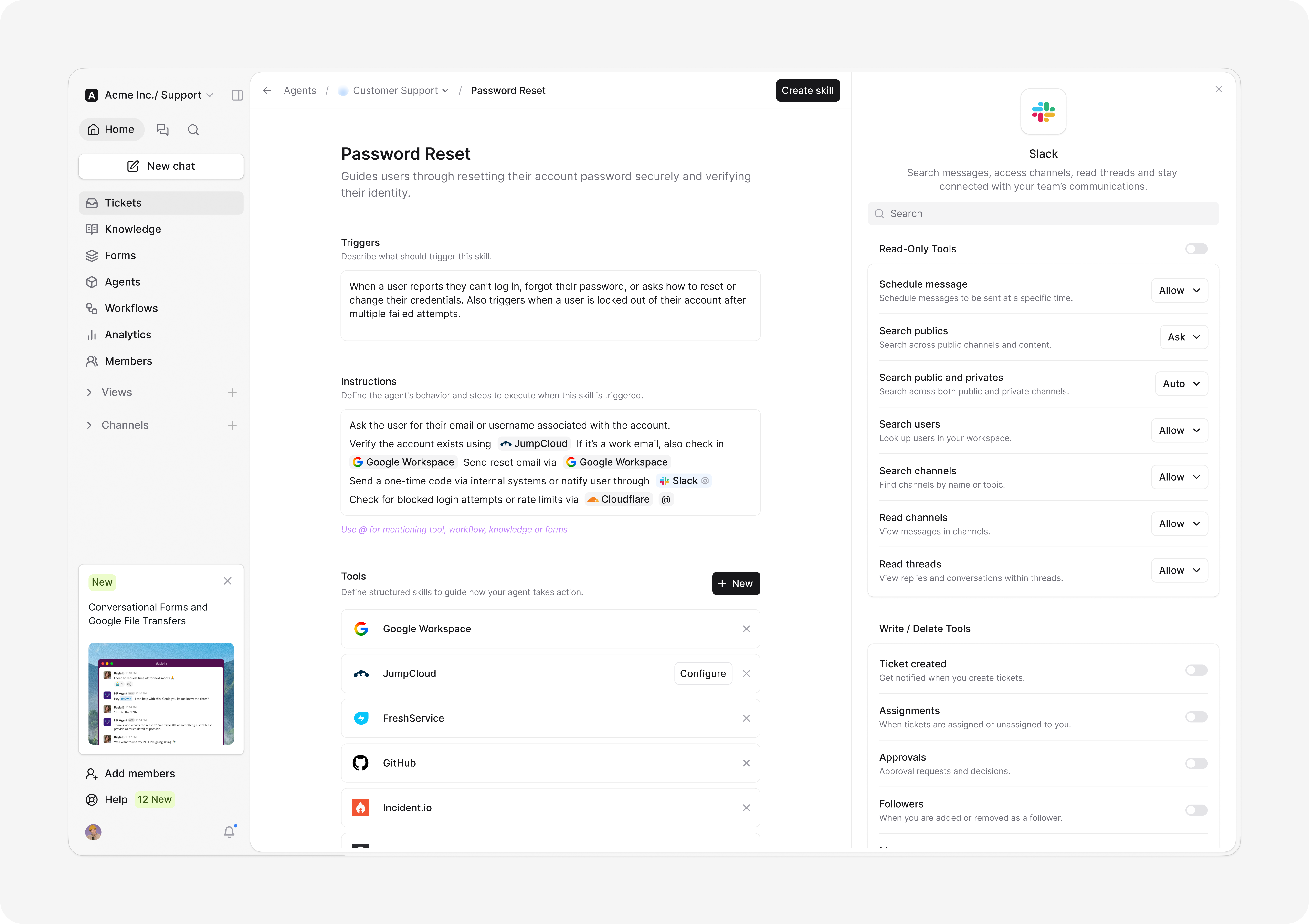Ravenna skill builder for password reset with tool permissions and Slack integration settings.